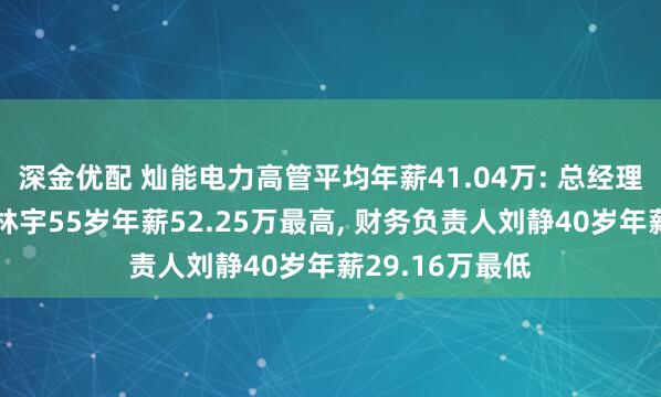 深金优配 灿能电力高管平均年薪41.04万: 总经理及非独立董事林宇55岁年薪52.25万最高, 财务负责人刘静40岁年薪29.16万最低
